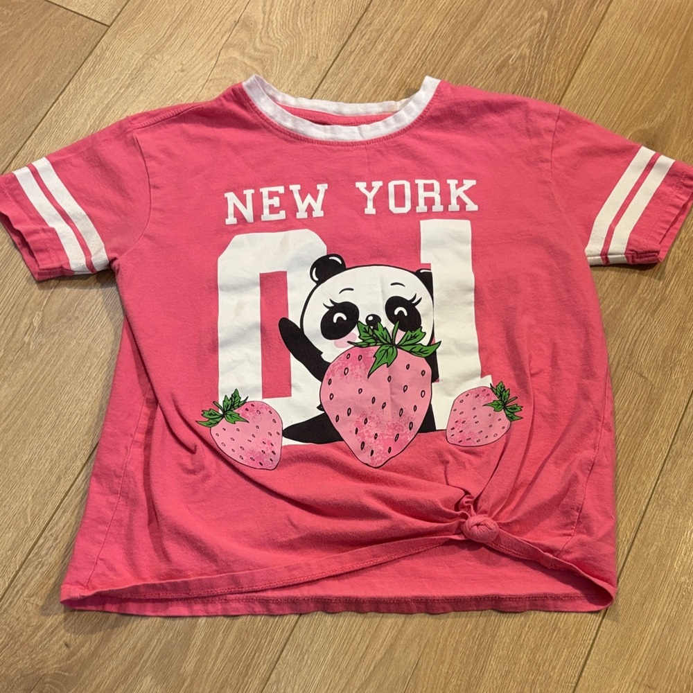 New York Pink Short Sleeve Tee with Panda and Strawberry Print